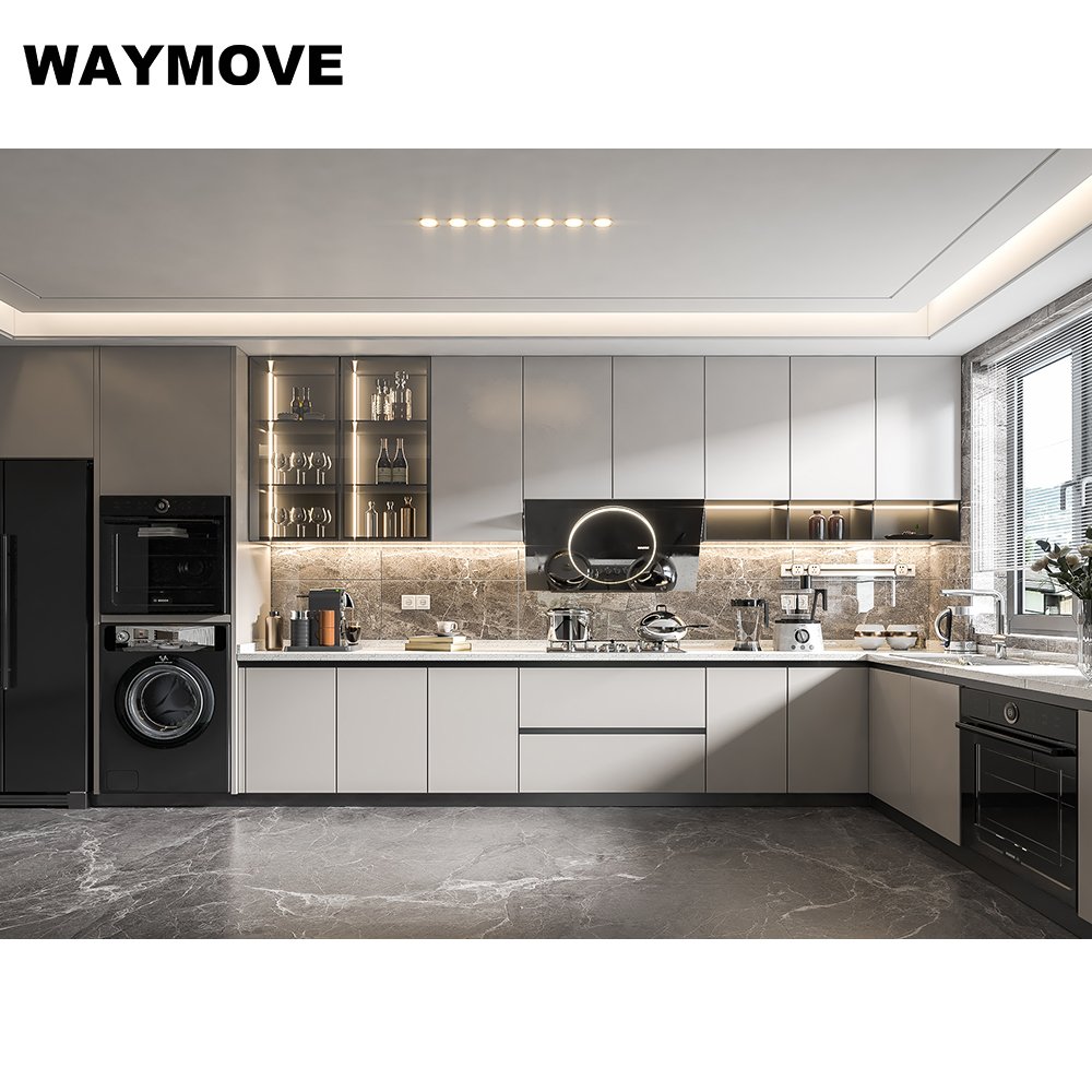 WAYMOVE Modern Grey Kitchen Cabinets Ready to Assemble Dove Grey with Lacquer Door Panel Surface and Hinge Includes Sink
