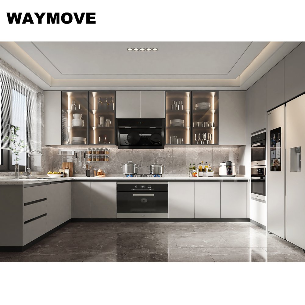 WAYMOVE Modern Grey Kitchen Cabinets Ready to Assemble Dove Grey with Lacquer Door Panel Surface and Hinge Includes Sink