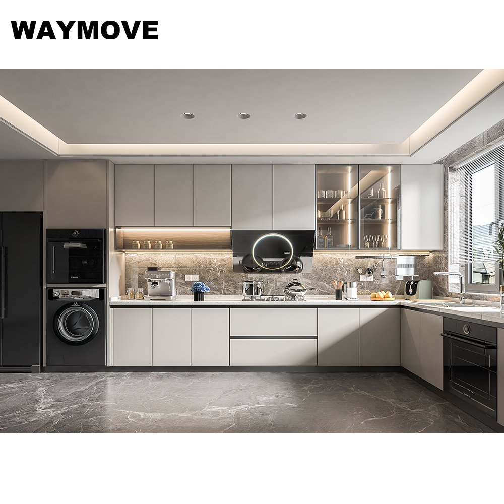 WAYMOVE Modern Grey Kitchen Cabinets Ready to Assemble Dove Grey with Lacquer Door Panel Surface and Hinge Includes Sink