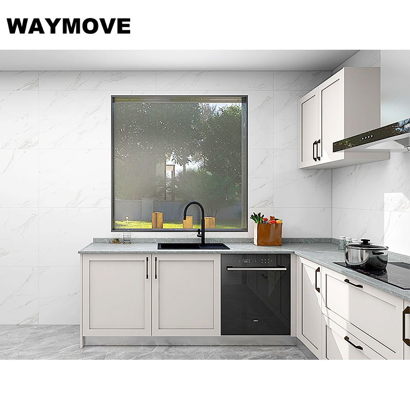 WAYMOVE Modern White Kitchen Cabinets Island Table Lacquer Acrylic Door Sink Hinge Drawer Slide Faucet Stylish Storage Solution