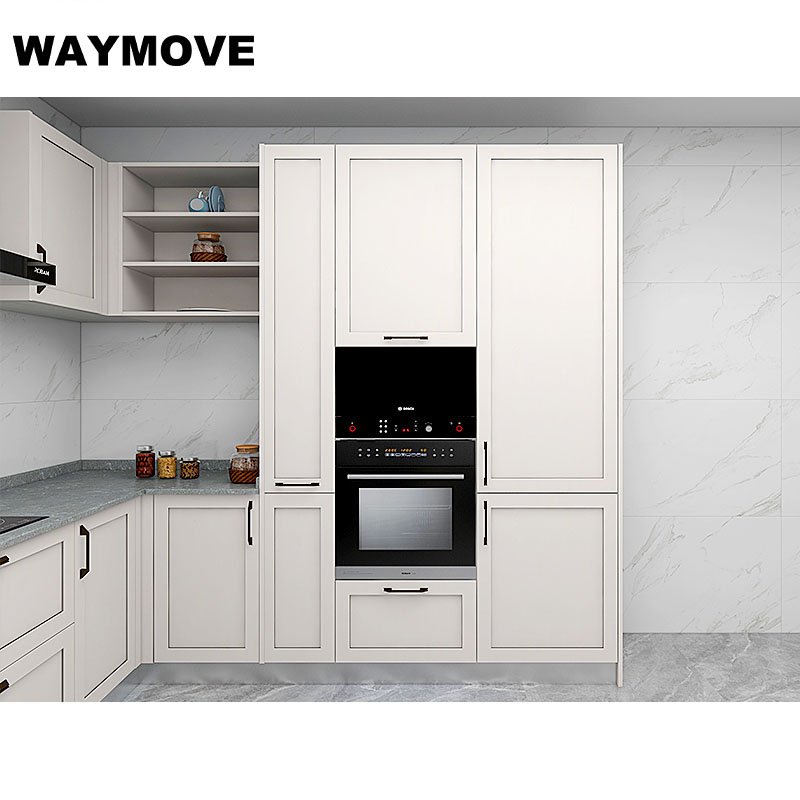 WAYMOVE Modern White Kitchen Cabinets Island Table Lacquer Acrylic Door Sink Hinge Drawer Slide Faucet Stylish Storage Solution