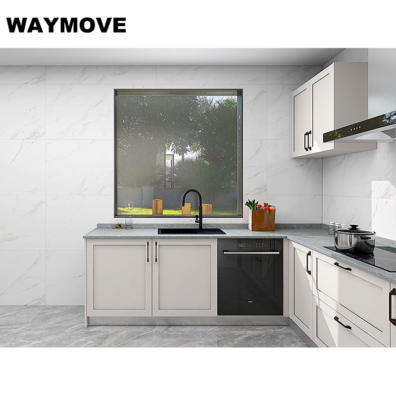 WAYMOVE Modern White Kitchen Cabinets Island Table Lacquer Acrylic Door Sink Hinge Drawer Slide Faucet Stylish Storage Solution