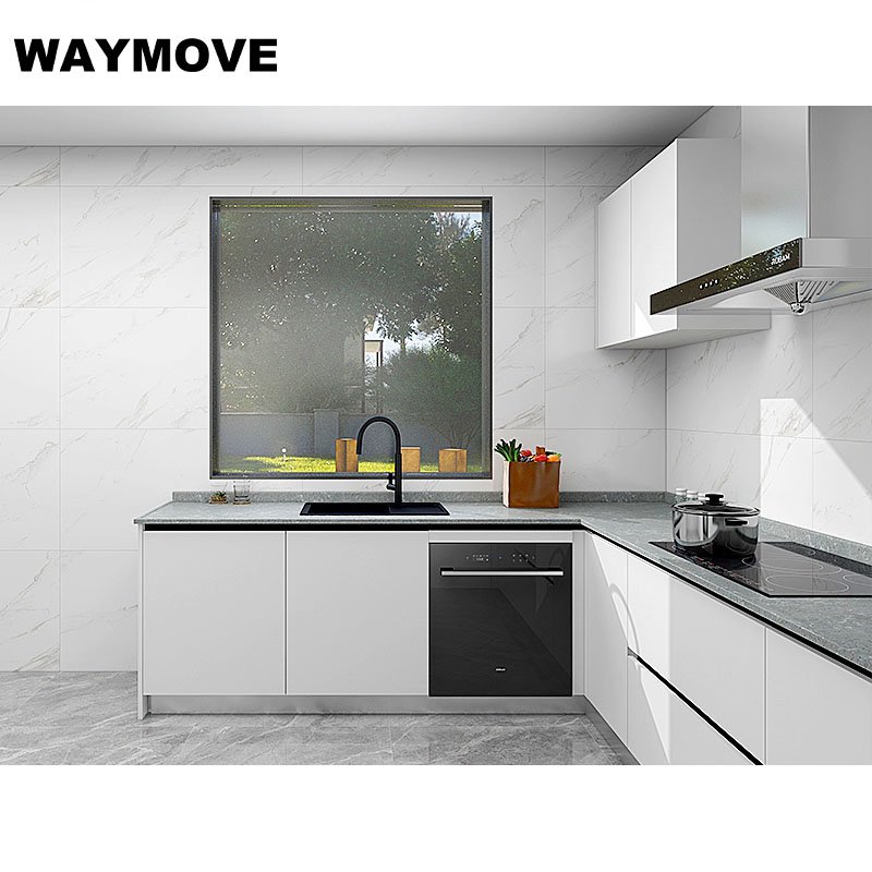 WAYMOVE Modern White Kitchen Cabinets Island Table Lacquer Acrylic Door Sink Hinge Drawer Slide Faucet Stylish Storage Solution
