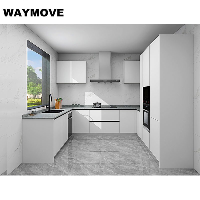 WAYMOVE Modern White Kitchen Cabinets Island Table Lacquer Acrylic Door Sink Hinge Drawer Slide Faucet Stylish Storage Solution
