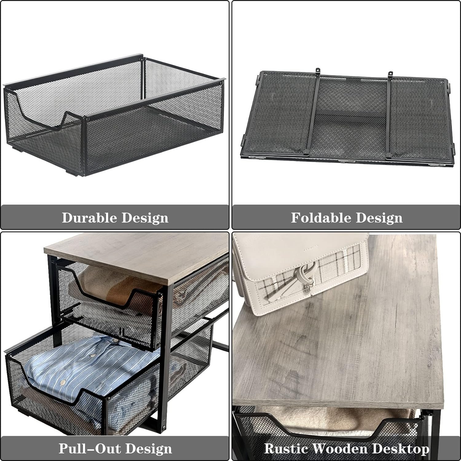 Hot Sale 2 Tier Pull-Out Closet Organizers Foldable Storage Basket Rustic Strong Bear Loading Sliding Storage Wire Drawer Rack