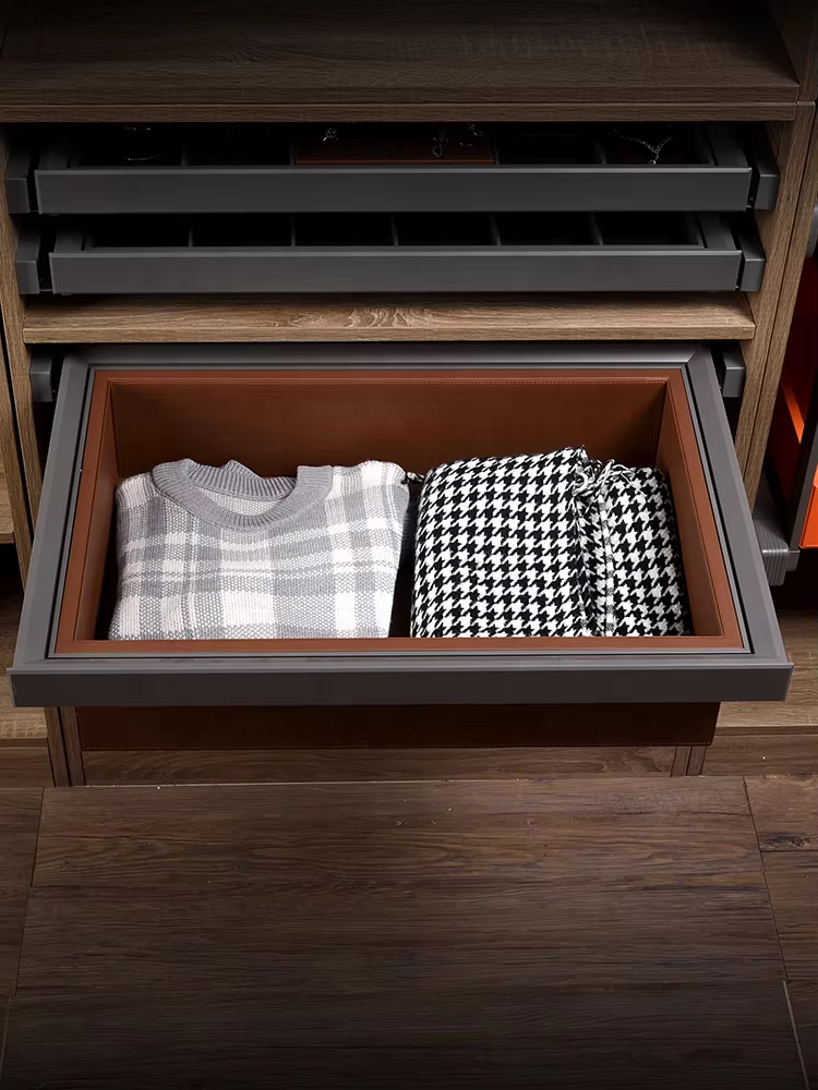 High Quality New Design Leather Wardrobe Closet Drawer Storage Basket Pull Boxes Gray Color Systems