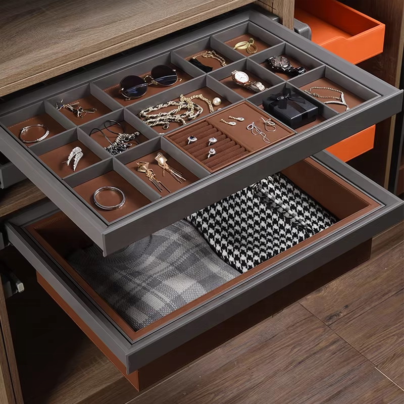 High Quality New Design Leather Wardrobe Closet Drawer Storage Basket Pull Boxes Gray Color Systems