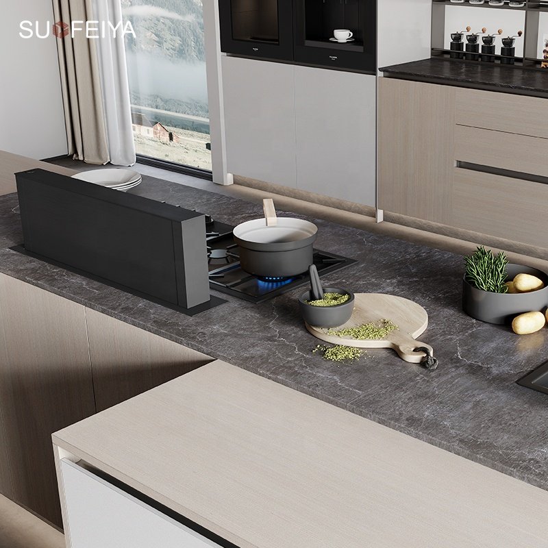 SUOFEIYA Wholesale Sample Base Kitchen Island Cupboard Antique Wood Veneer Glass Kitchen Cabinets Design