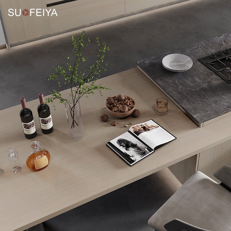 SUOFEIYA Wholesale Sample Base Kitchen Island Cupboard Antique Wood Veneer Glass Kitchen Cabinets Design