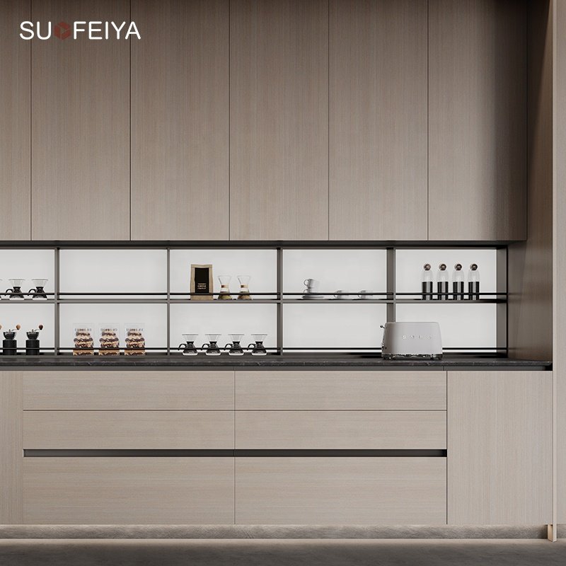 SUOFEIYA Wholesale Sample Base Kitchen Island Cupboard Antique Wood Veneer Glass Kitchen Cabinets Design