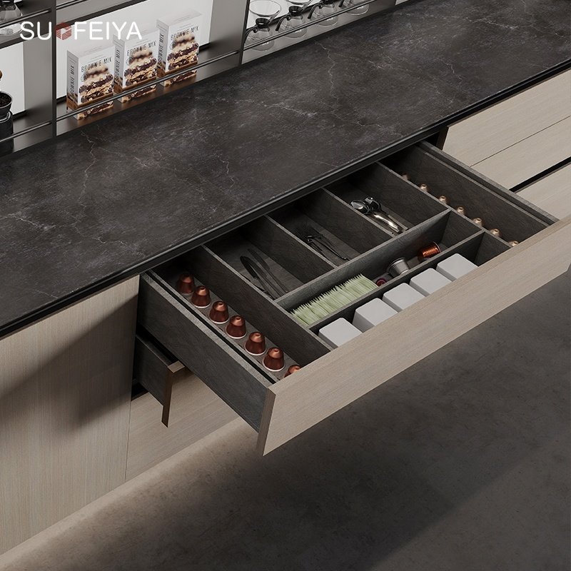 SUOFEIYA Wholesale Sample Base Kitchen Island Cupboard Antique Wood Veneer Glass Kitchen Cabinets Design