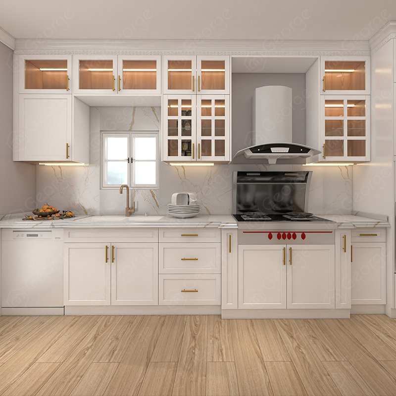 Melamine Board Sink Base Cabinet Custom Make High Gloss Modern Glass UV Lacquer Kitchen Cabinets For Villa