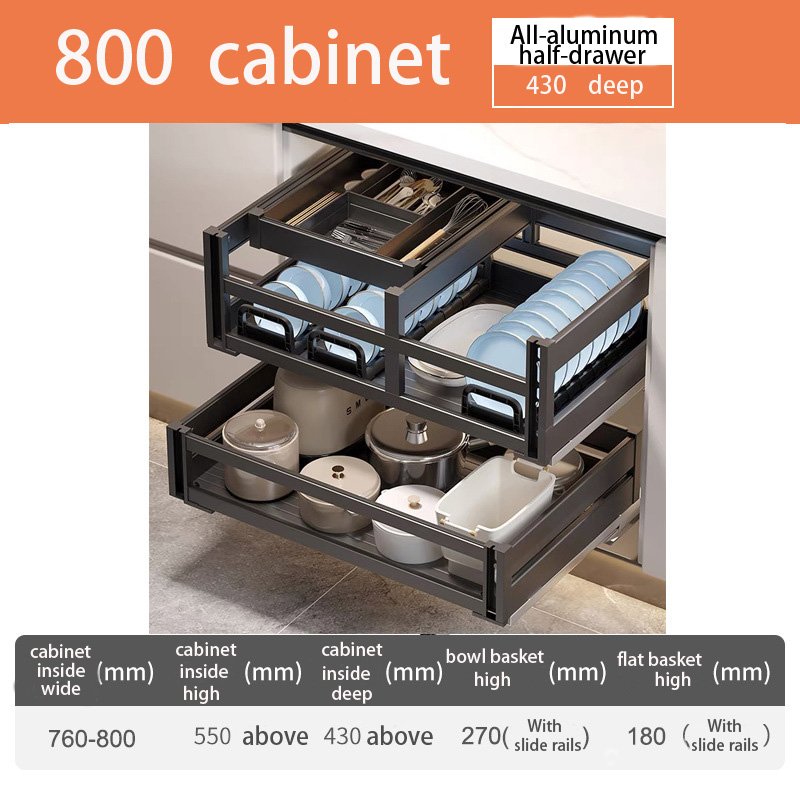 Multifunctional Flat Aluminum Kitchen Storage Unit Organizer Pull out Basket Drawers with Dish Rack