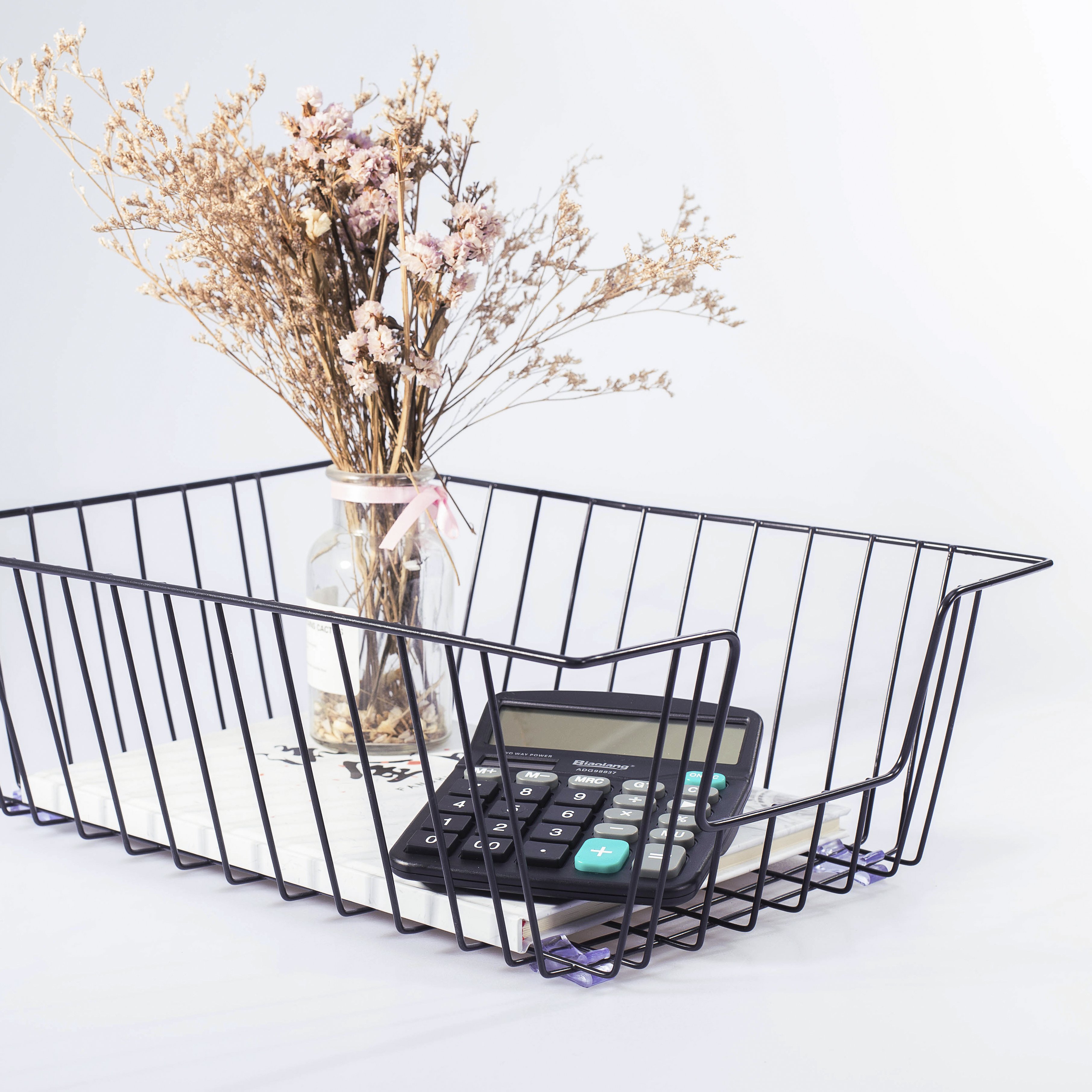 Large Black Metal Storage Basket Desk Organizer with Wire Shelves Tray Cup Holder Letter Sorter Kitchen Cooking Stationery Use