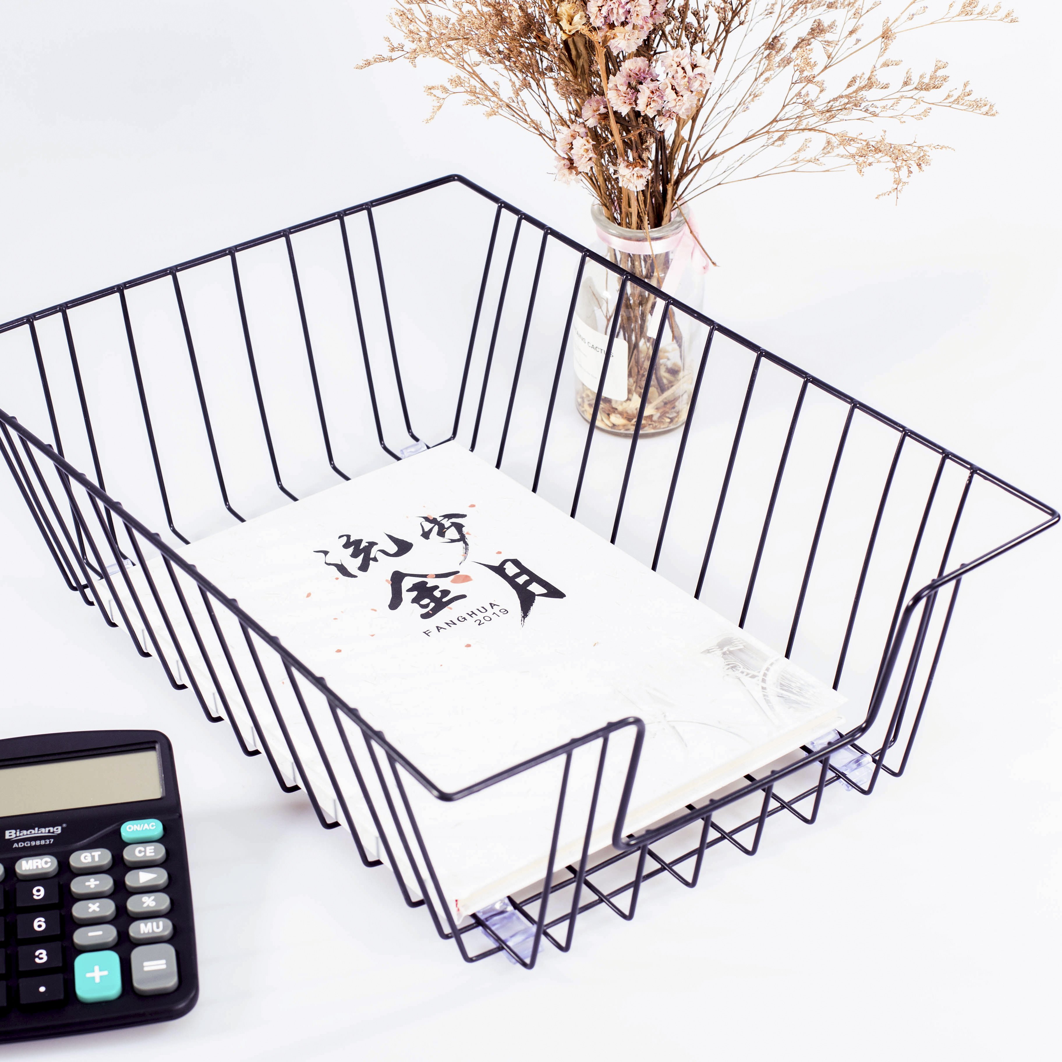 Large Black Metal Storage Basket Desk Organizer with Wire Shelves Tray Cup Holder Letter Sorter Kitchen Cooking Stationery Use