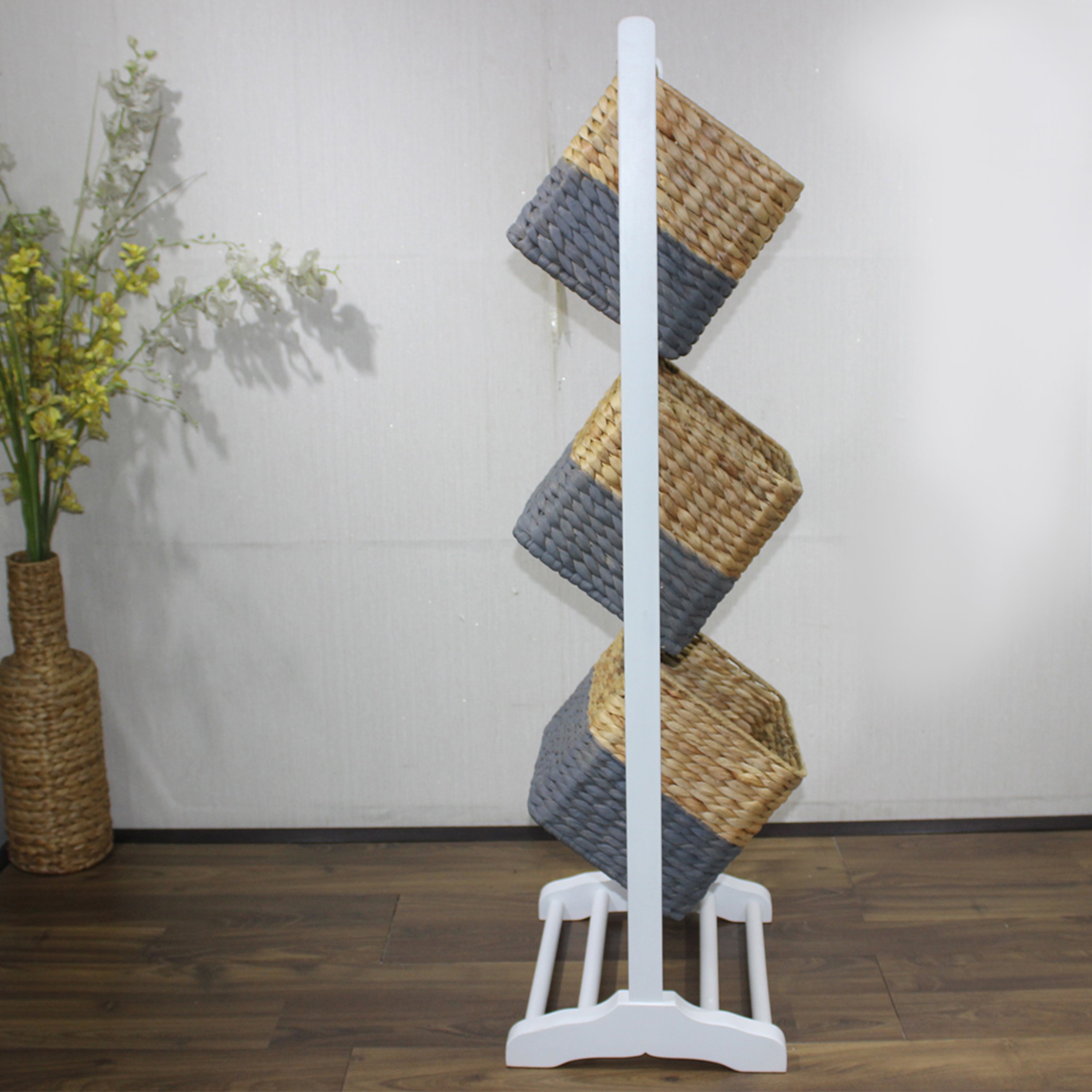 Comehome Modern 3-Tier Wicker Basket Stand with Header Wood Panel Material