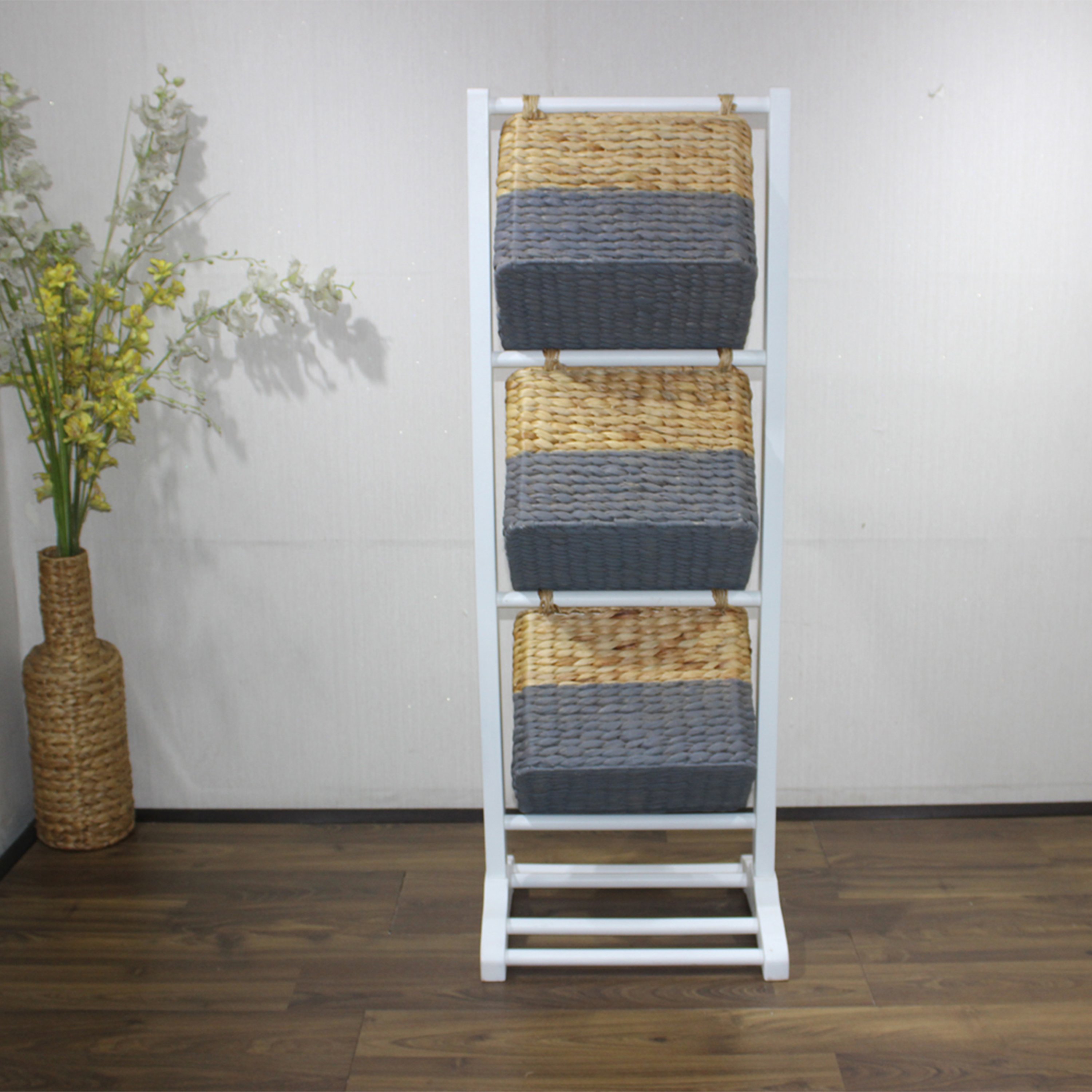 Comehome Modern 3-Tier Wicker Basket Stand with Header Wood Panel Material