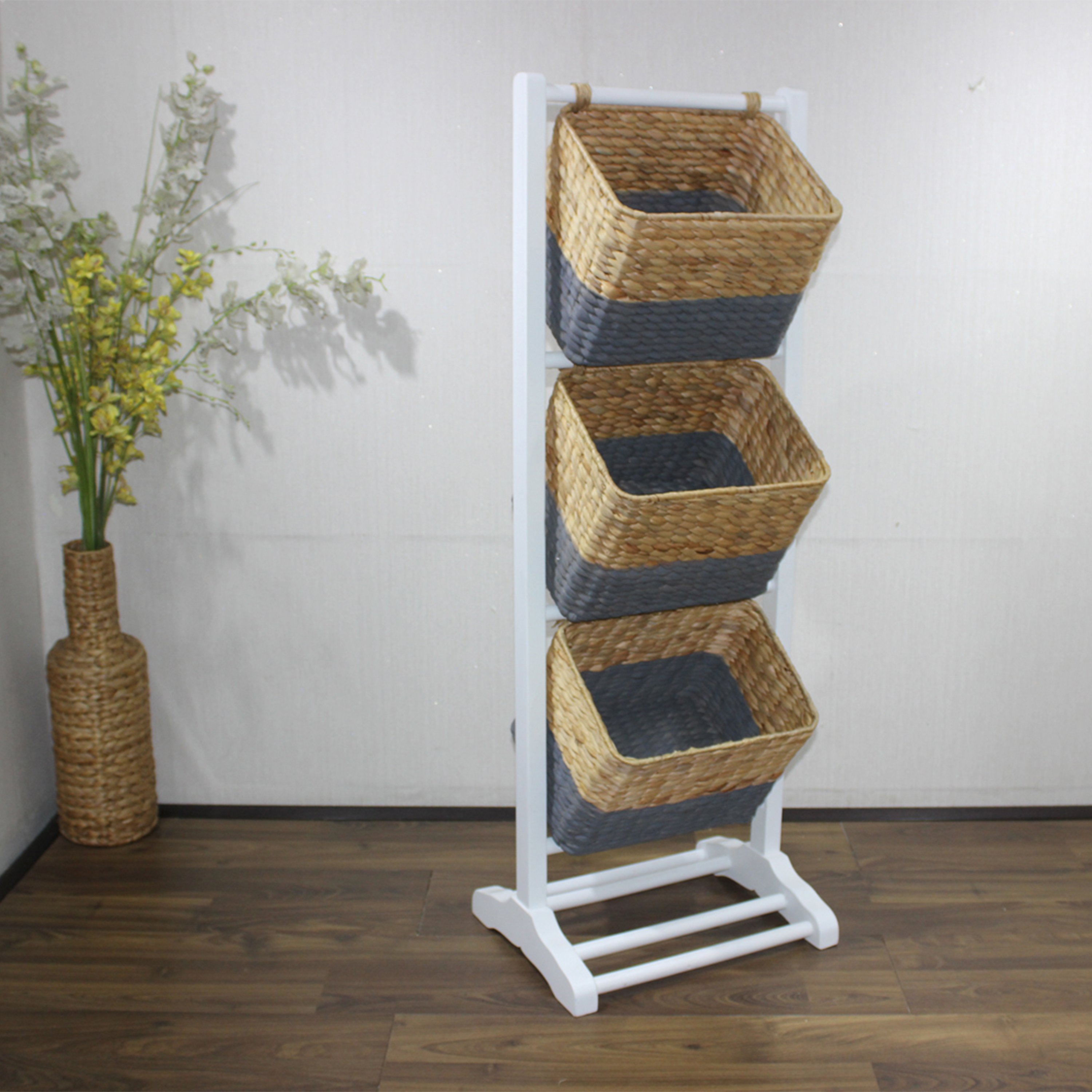 Comehome Modern 3-Tier Wicker Basket Stand with Header Wood Panel Material