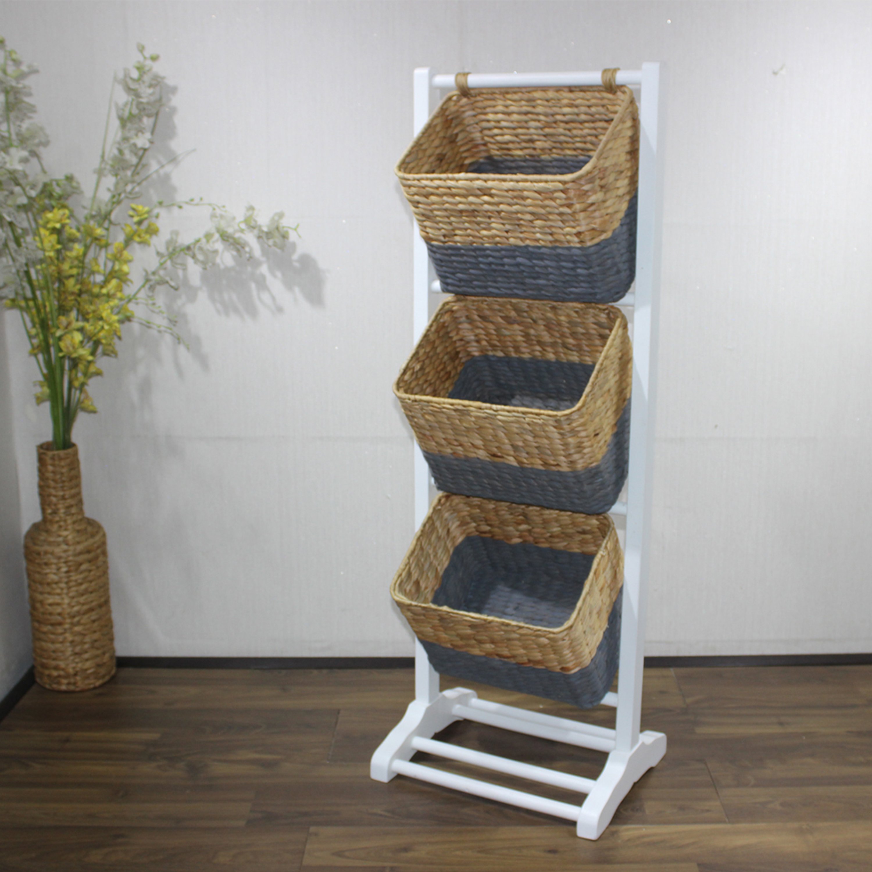 Comehome Modern 3-Tier Wicker Basket Stand with Header Wood Panel Material