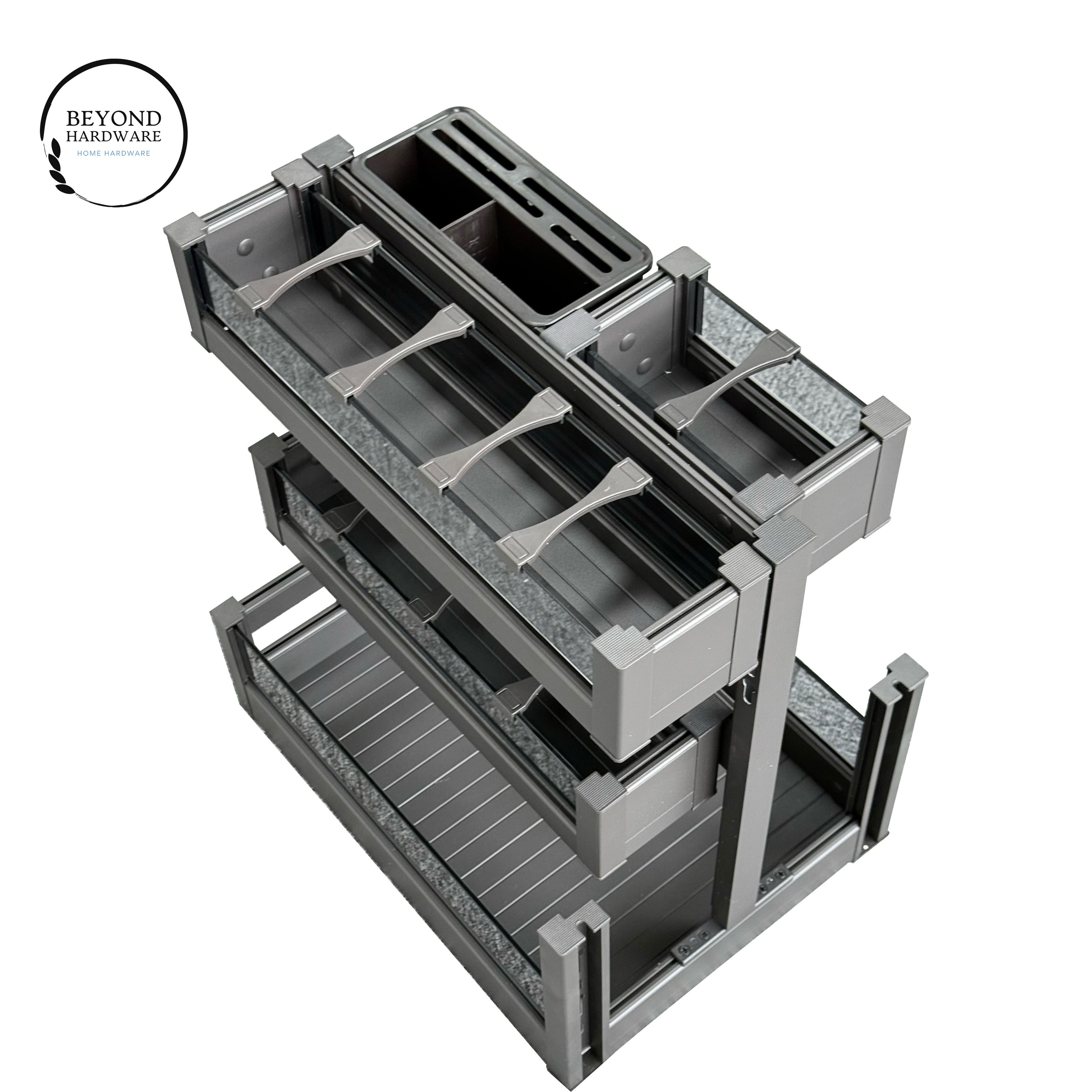 High Class Aluminum Multifunctional seasoning bottom mounted pull out basket with durable soft closing slide for kitchen use