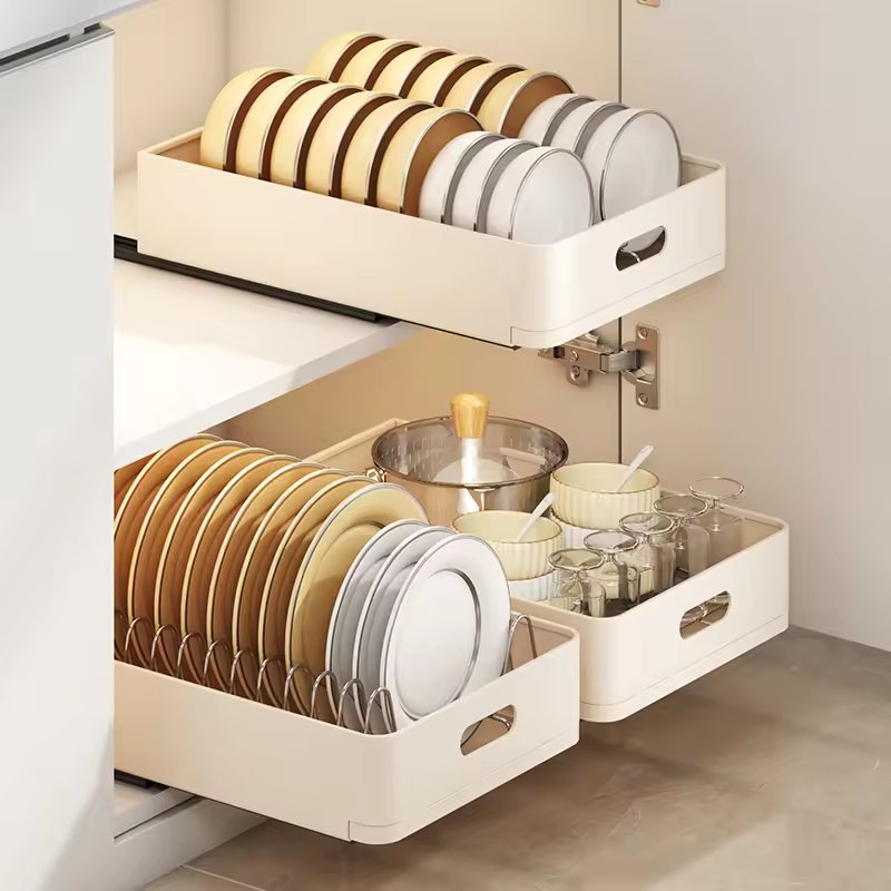 Lazy Bear Kitchen Bowl Cabinet Drawer Sorting Rack Built in Pulling Basket Bowl and Plate Drainage Rack Pulling Cup Holder