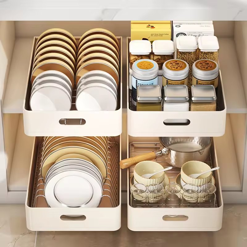Lazy Bear Kitchen Bowl Cabinet Drawer Sorting Rack Built in Pulling Basket Bowl and Plate Drainage Rack Pulling Cup Holder