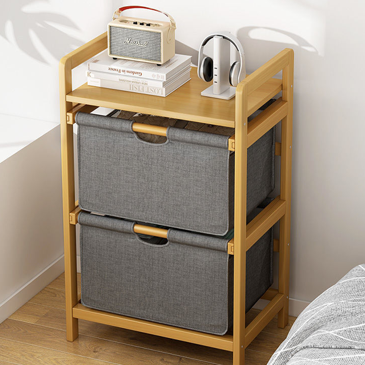 Bathroom Dresser Tower Organizer Frame and Pull-out Fabric Baskets with Bamboo Basket Storage Drawers Unit - 3-tier Living Room