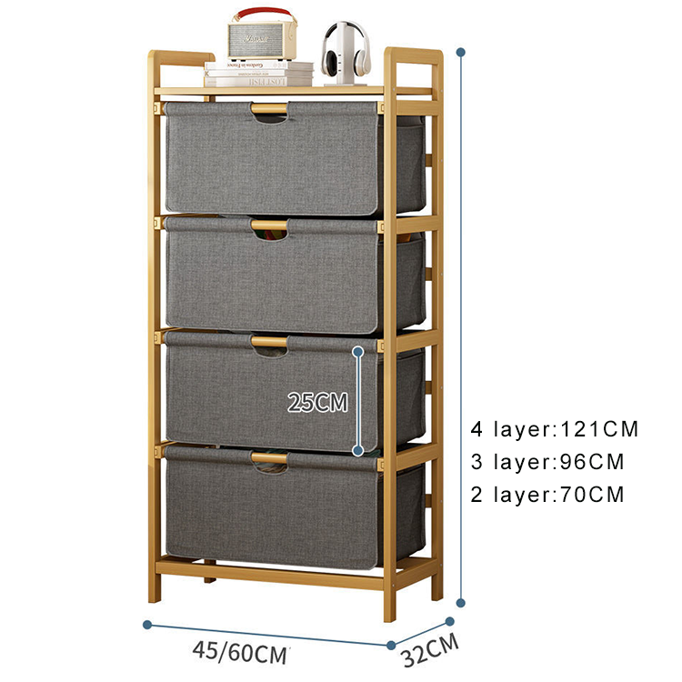 Bathroom Dresser Tower Organizer Frame and Pull-out Fabric Baskets with Bamboo Basket Storage Drawers Unit - 3-tier Living Room