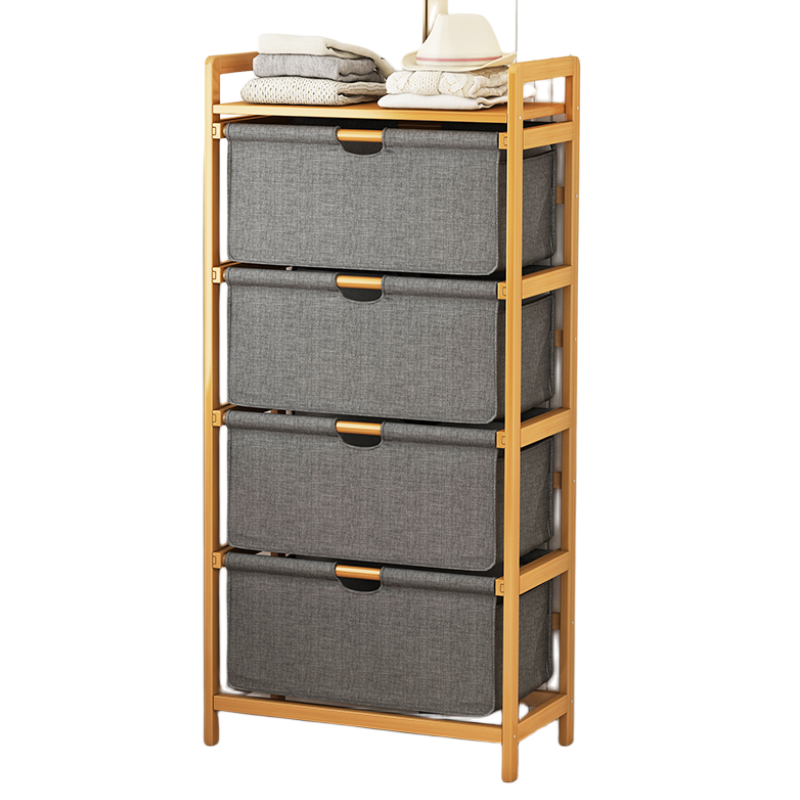 4 TIERS 60CM Bedroom Stand Eco-Friendly Bamboo Laundry Hamper Basket Removable Bag Fabric Bathroom Rack Cabinet household