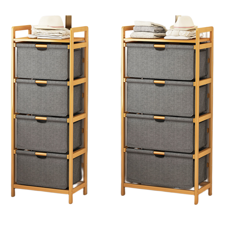 4 TIERS 60CM Bedroom Stand Eco-Friendly Bamboo Laundry Hamper Basket Removable Bag Fabric Bathroom Rack Cabinet household