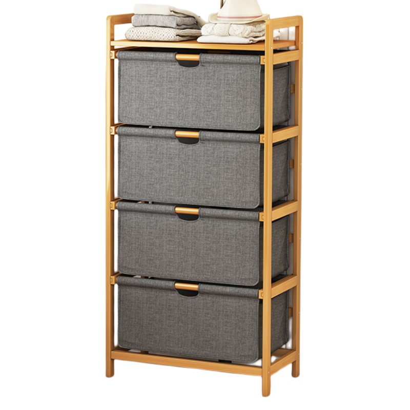 4 TIERS 60CM Bedroom Stand Eco-Friendly Bamboo Laundry Hamper Basket Removable Bag Fabric Bathroom Rack Cabinet household