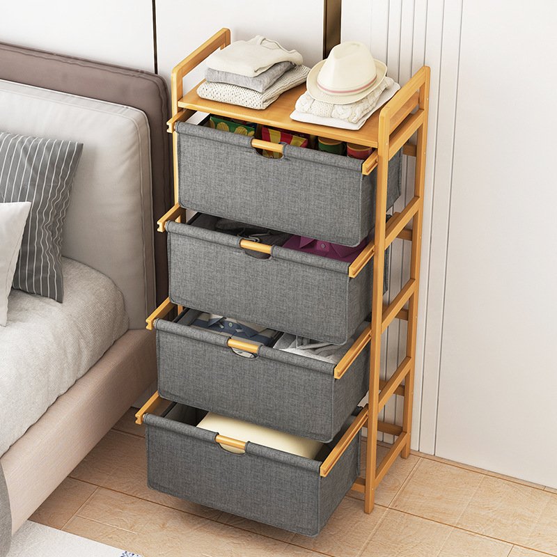 4 TIERS 60CM Bedroom Stand Eco-Friendly Bamboo Laundry Hamper Basket Removable Bag Fabric Bathroom Rack Cabinet household