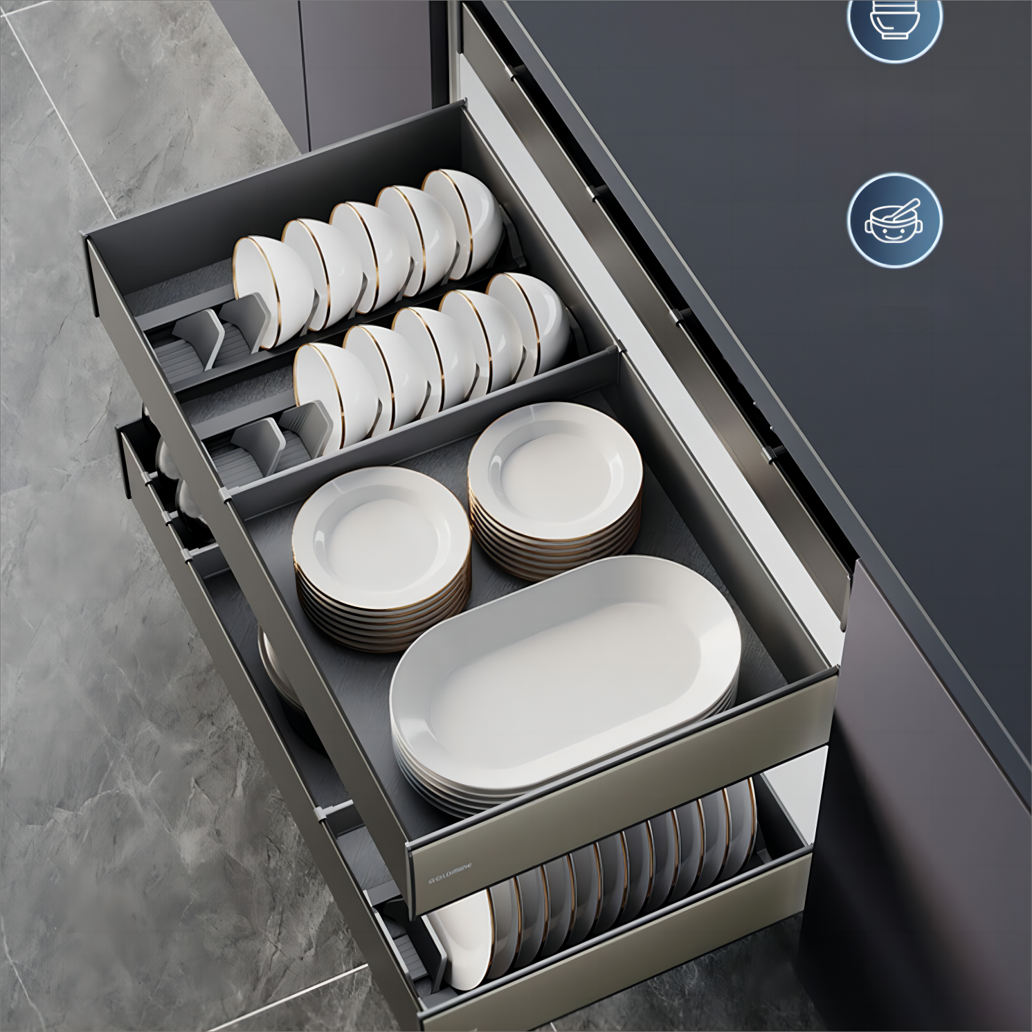 Goldmine Modern Household Utensil Drawer Organizer Base Unit Pull Out Basket Sliding Aluminum Dish Drying Rack