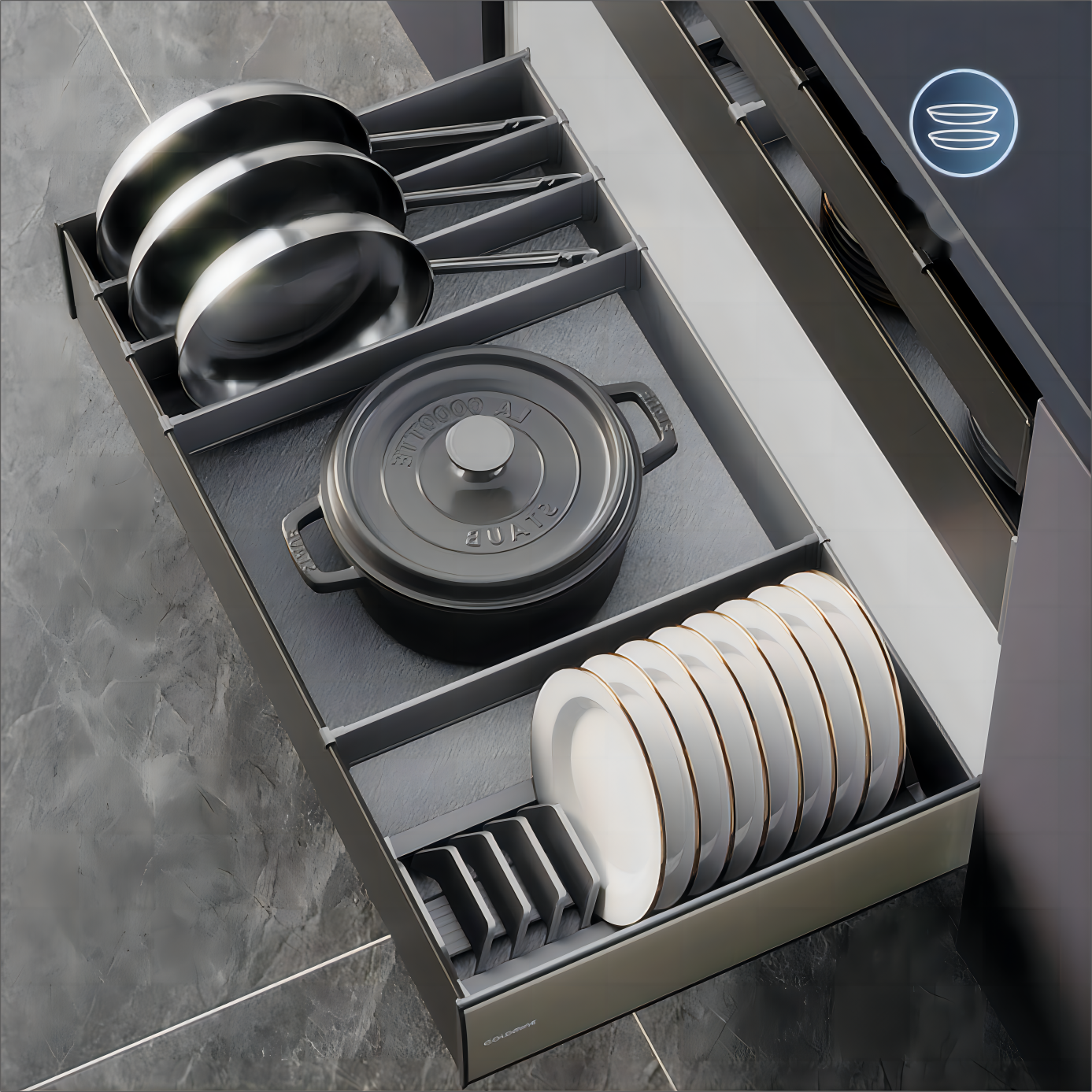 Goldmine Modern Household Utensil Drawer Organizer Base Unit Pull Out Basket Sliding Aluminum Dish Drying Rack