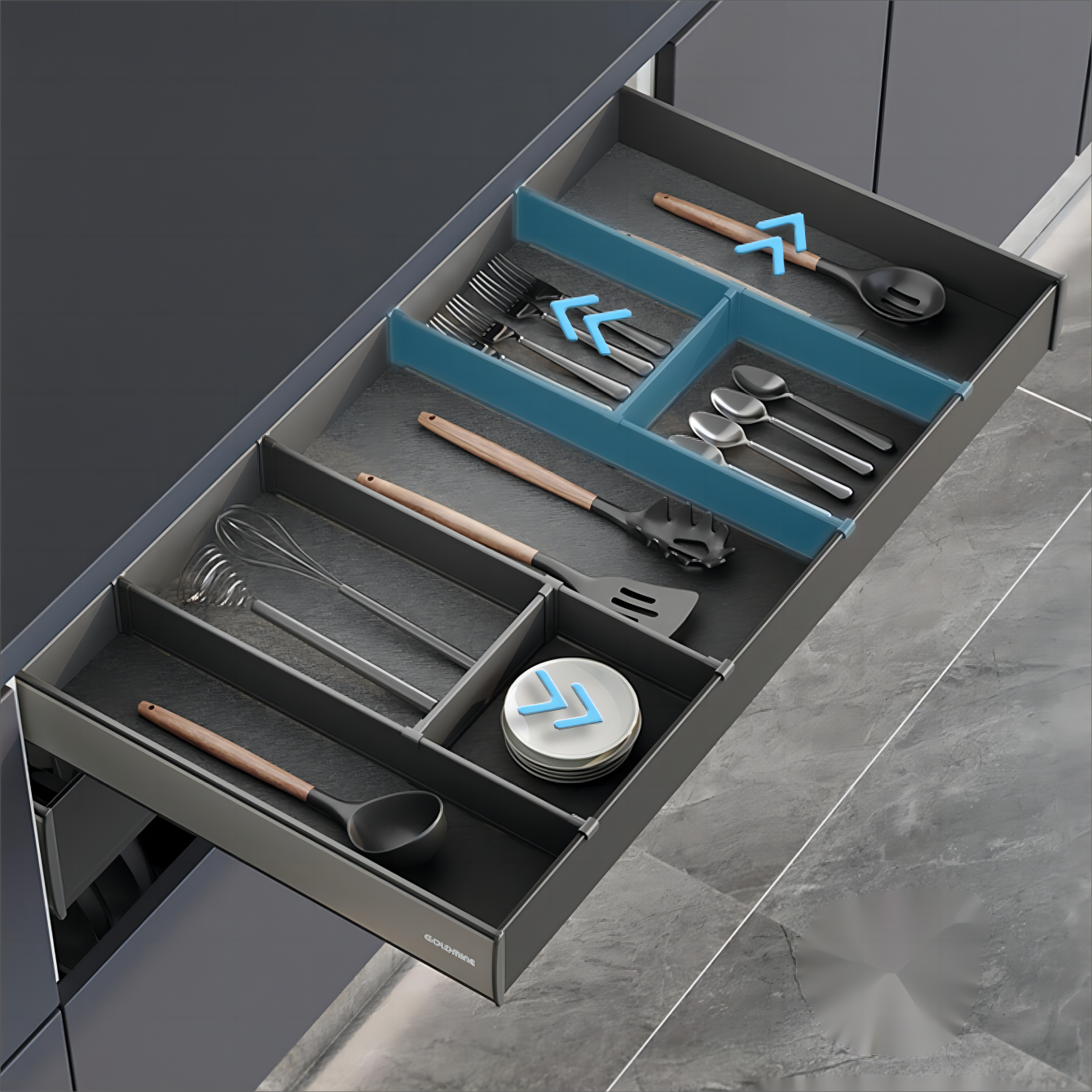 Goldmine Modern Household Utensil Drawer Organizer Base Unit Pull Out Basket Sliding Aluminum Dish Drying Rack