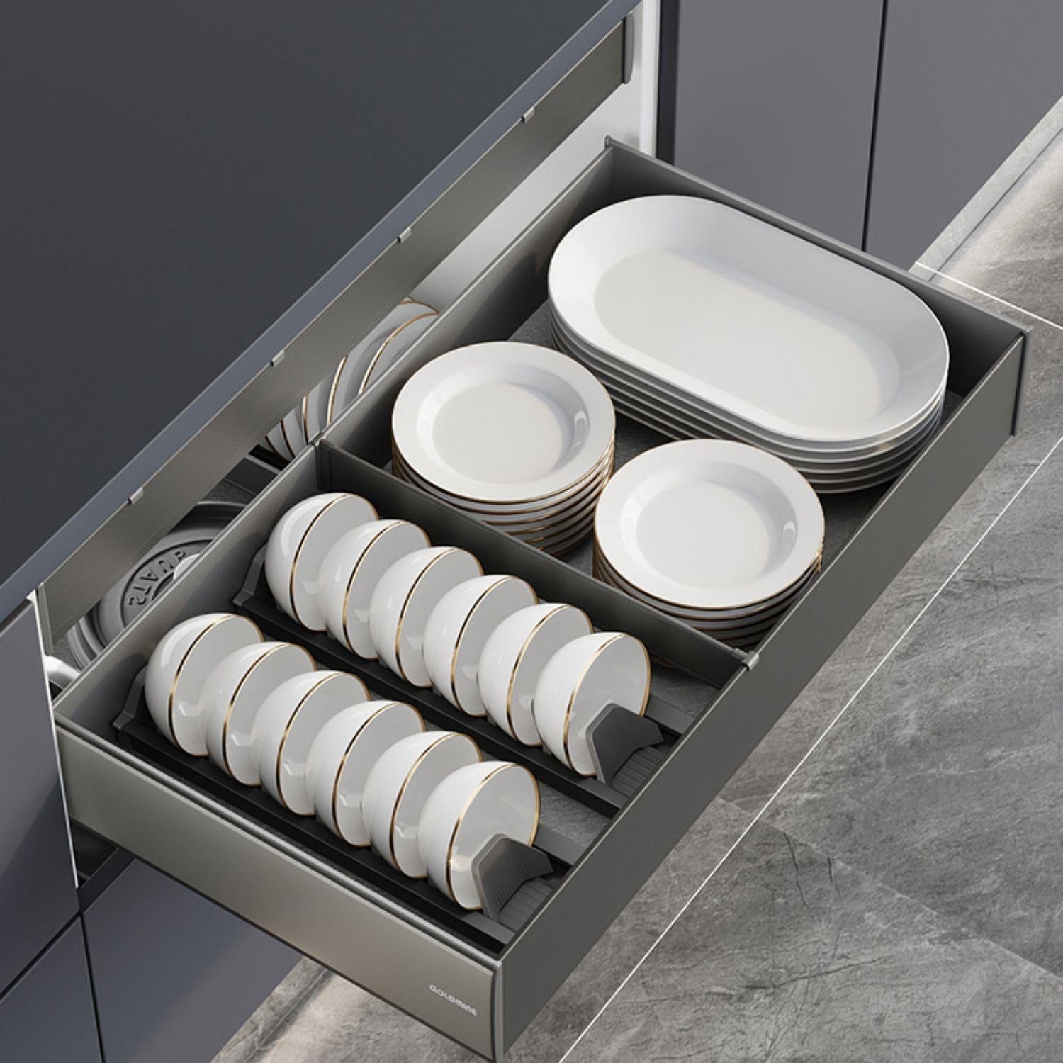 Goldmine Modern Household Utensil Drawer Organizer Base Unit Pull Out Basket Sliding Aluminum Dish Drying Rack