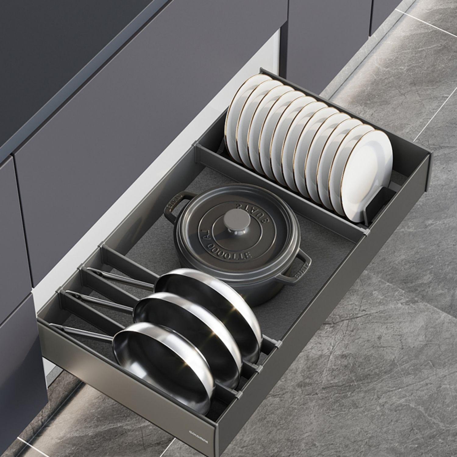 Goldmine Modern Household Utensil Drawer Organizer Base Unit Pull Out Basket Sliding Aluminum Dish Drying Rack