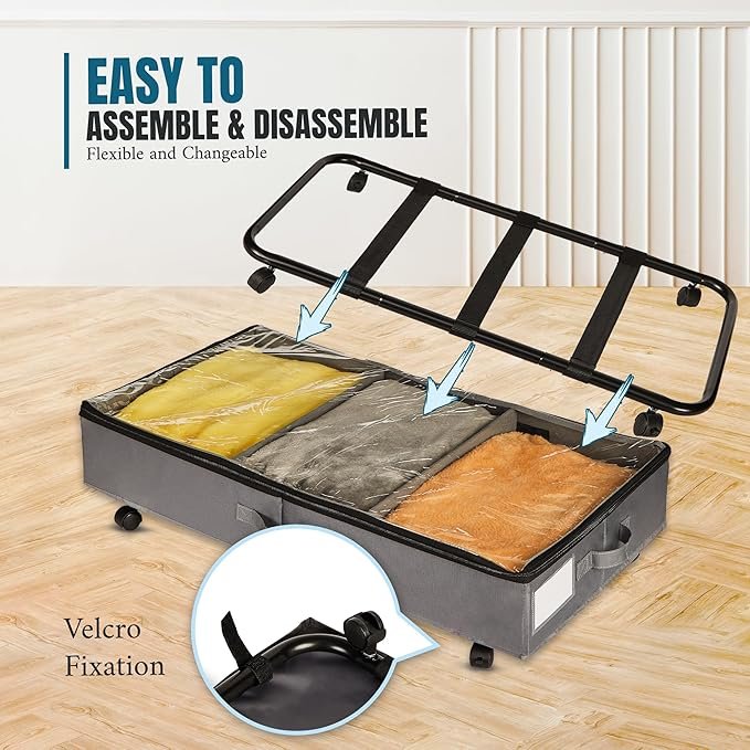 Buyers Landing Under Bed Storage with Wheels & Clear Lid, XL Rolling Under Bed Storage Containers, Metal Support & Thick Fabric