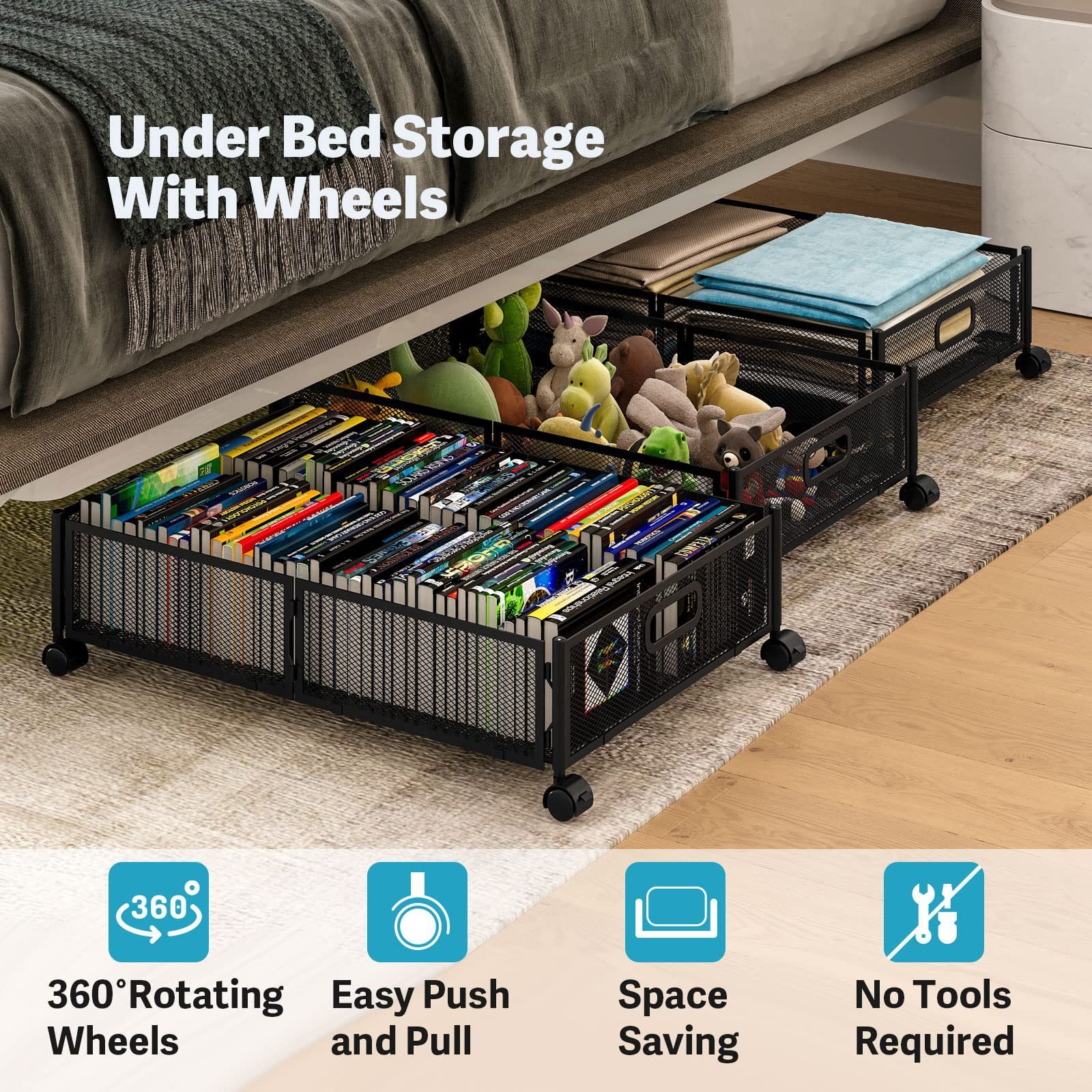 2PCS Hot Sale Under Bed Storage with Wheels Foldable Box Container Metal Organizer For Home Travel