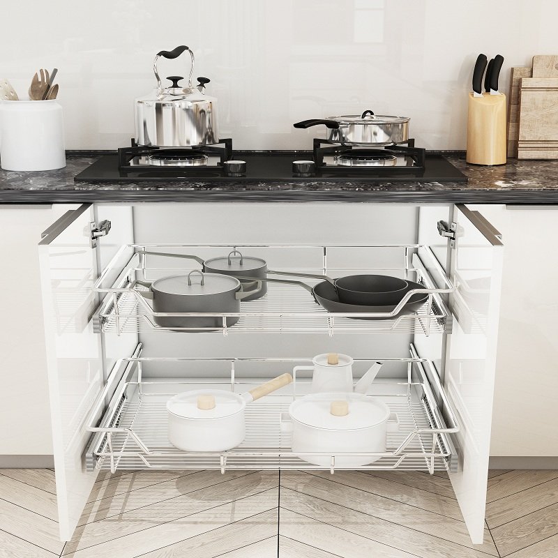 Kitchen organizer pull out basket in cabinet