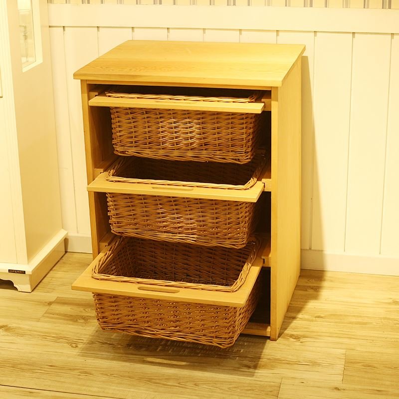 Optional Size Handwoven Kitchen Vegetable Storage Wicker Corner Basket Drawers Wooden Cabinet