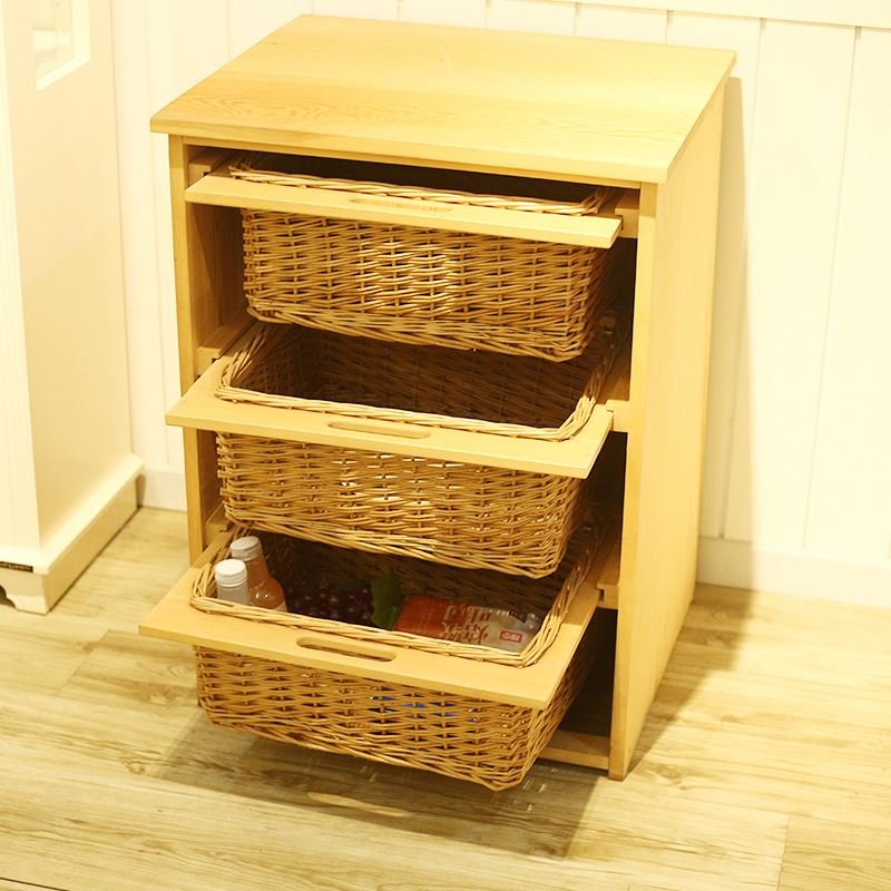 Optional Size Handwoven Kitchen Vegetable Storage Wicker Corner Basket Drawers Wooden Cabinet