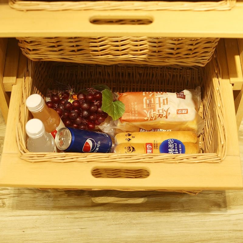 Optional Size Handwoven Kitchen Vegetable Storage Wicker Corner Basket Drawers Wooden Cabinet