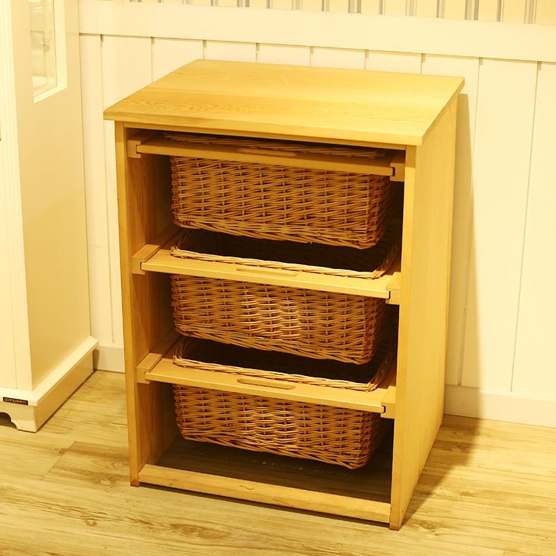 Optional Size Handwoven Kitchen Vegetable Storage Wicker Corner Basket Drawers Wooden Cabinet