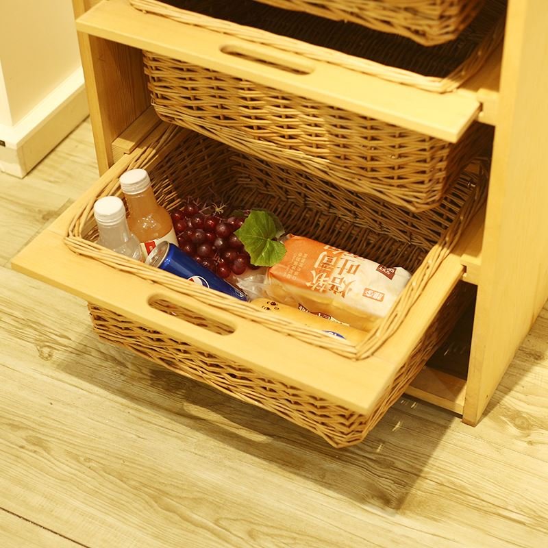 Optional Size Handwoven Kitchen Vegetable Storage Wicker Corner Basket Drawers Wooden Cabinet
