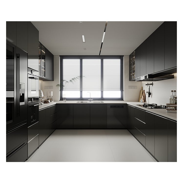 Custom furniture manufacturer black full kitchen cabinet modern modular plywood wood cupboard complete sets ready to assemble