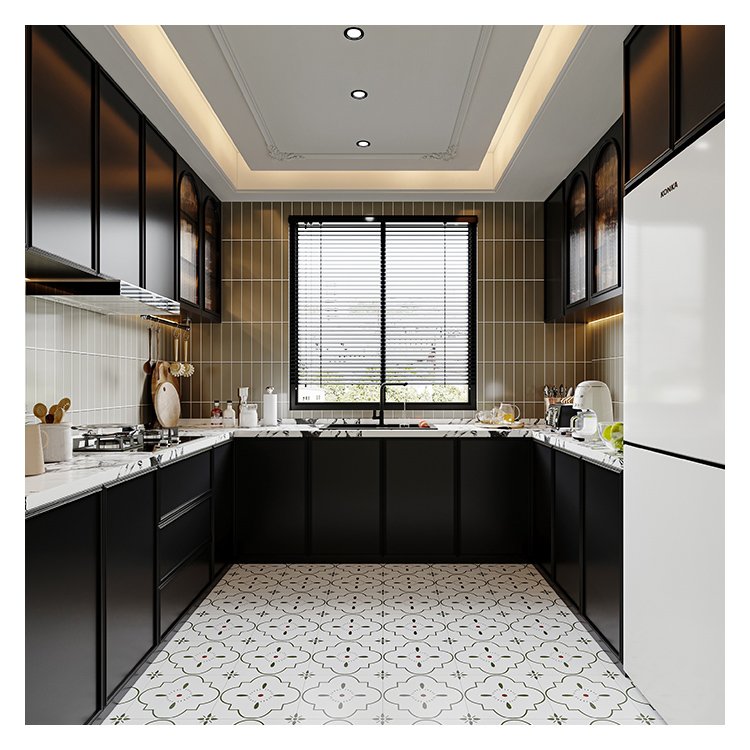 Custom furniture manufacturer black full kitchen cabinet modern modular plywood wood cupboard complete sets ready to assemble