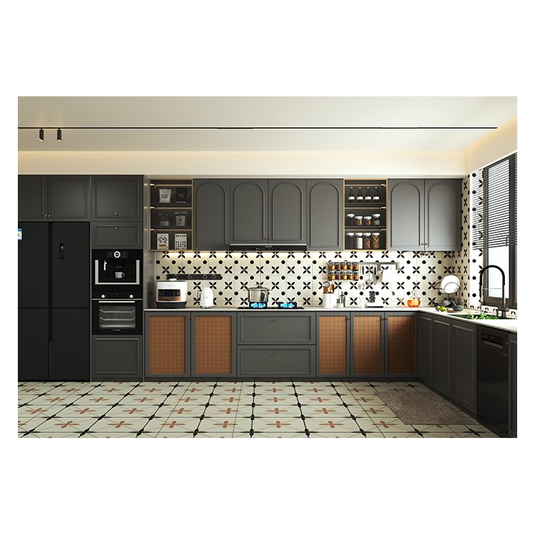 Custom furniture manufacturer black full kitchen cabinet modern modular plywood wood cupboard complete sets ready to assemble