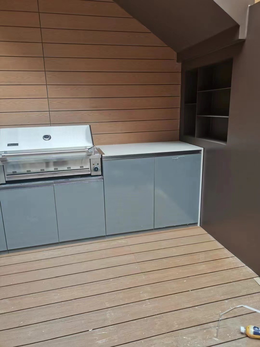 Modern aluminum outdoor kitchen cabinet with BBQ stove and sink and tap