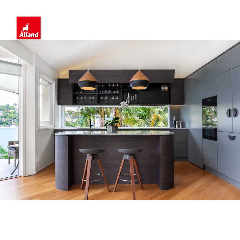 Allandcabinet Modern Customized Frameless Matt Lacquer Kitchen Cabinet With Clean Handleless Look with Two Tone Dark Grey Wood